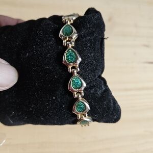 Vintage Aidmens Silver-tone with Emerald Green Inlay Magnetic Therapy Bracelet